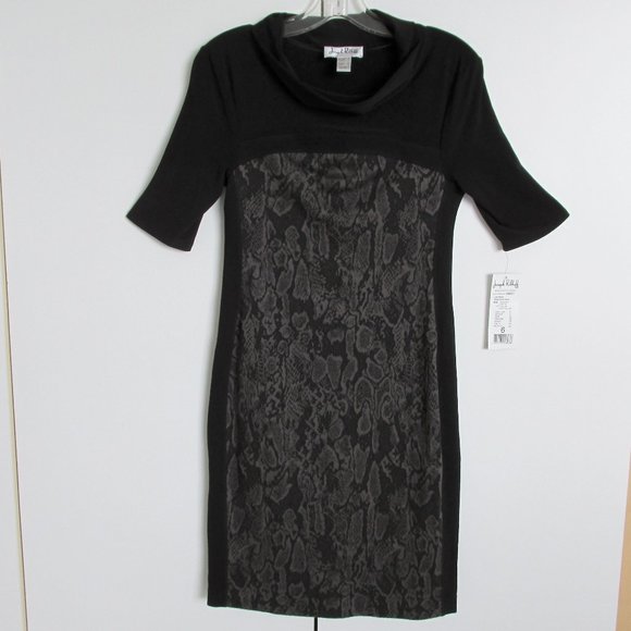Joseph Ribkoff Black Jersey Bodycon Dress Brown Pattern Panels Size 6 - Picture 1 of 12